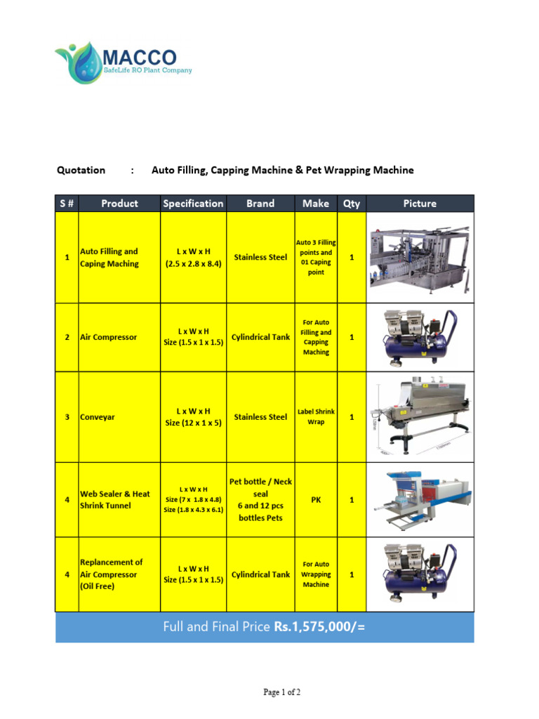 Auto Filling & Capping Machine Quotation | PDF