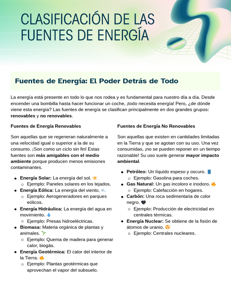Clasificación de Fuentes de Energía | PDF | Energía renovable ...