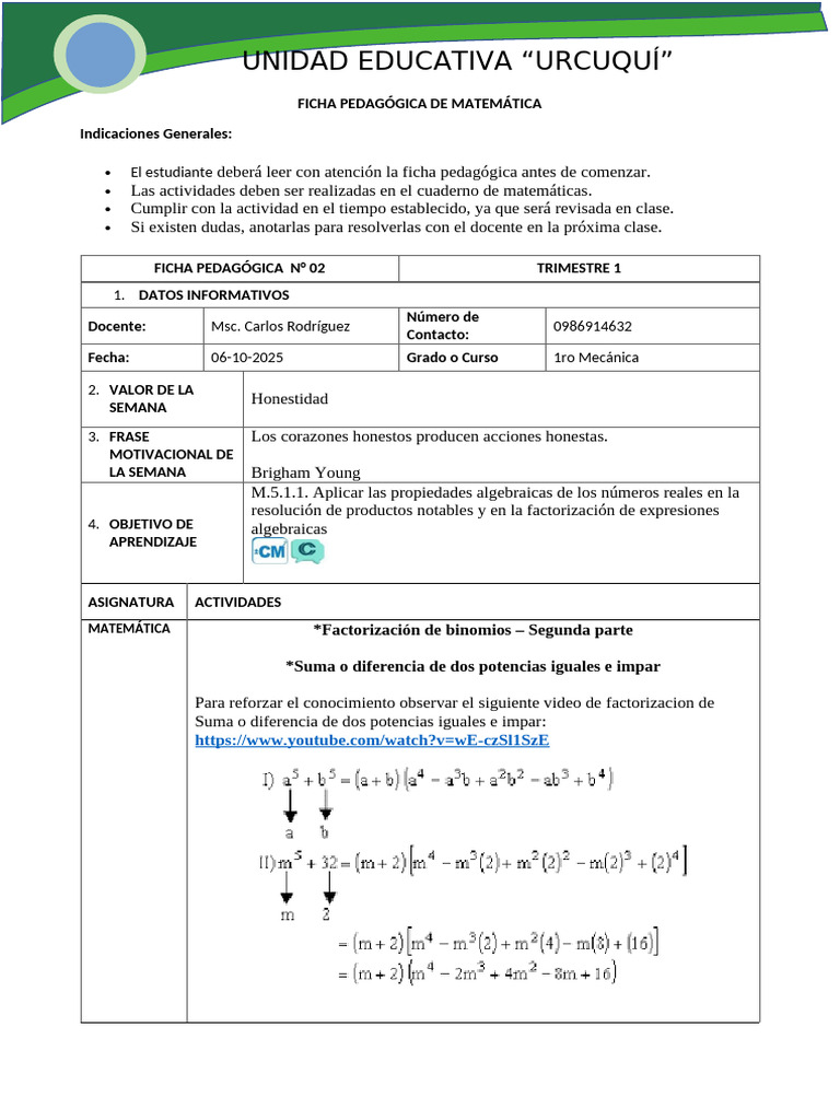 Ficha 2 Mate Primero Mecanica Msc_carlos_rodriguez - Lunes 061025 | PDF