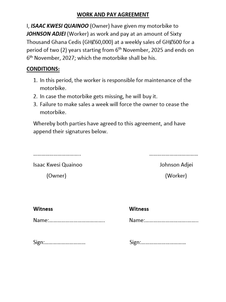Work and Pay Agreement for Motorbike | PDF