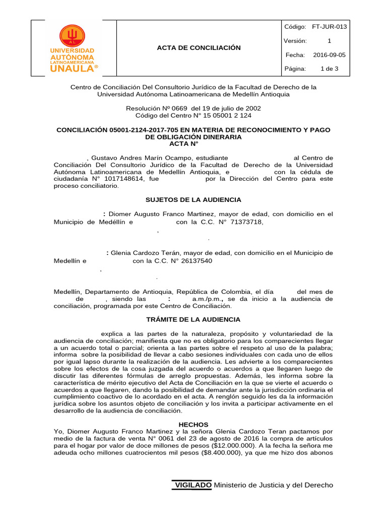 FT-JUR-013 Acta de Conciliación | PDF | Justicia | Crimen y violencia