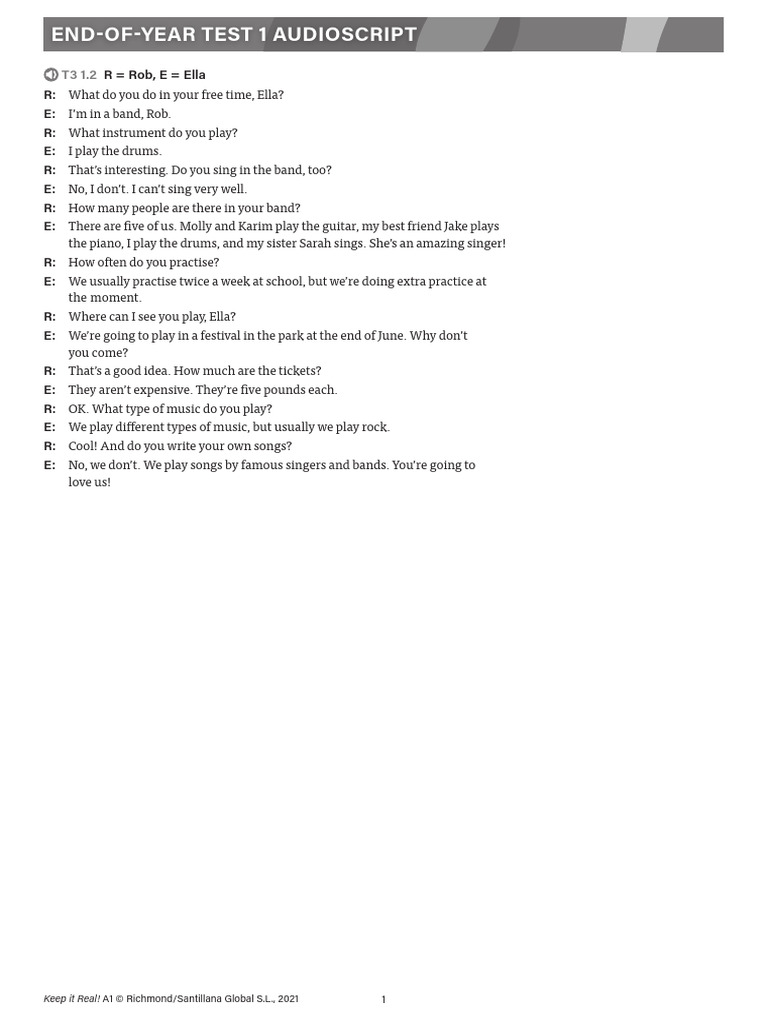 End-of-Year Test 1 Audio Script | PDF