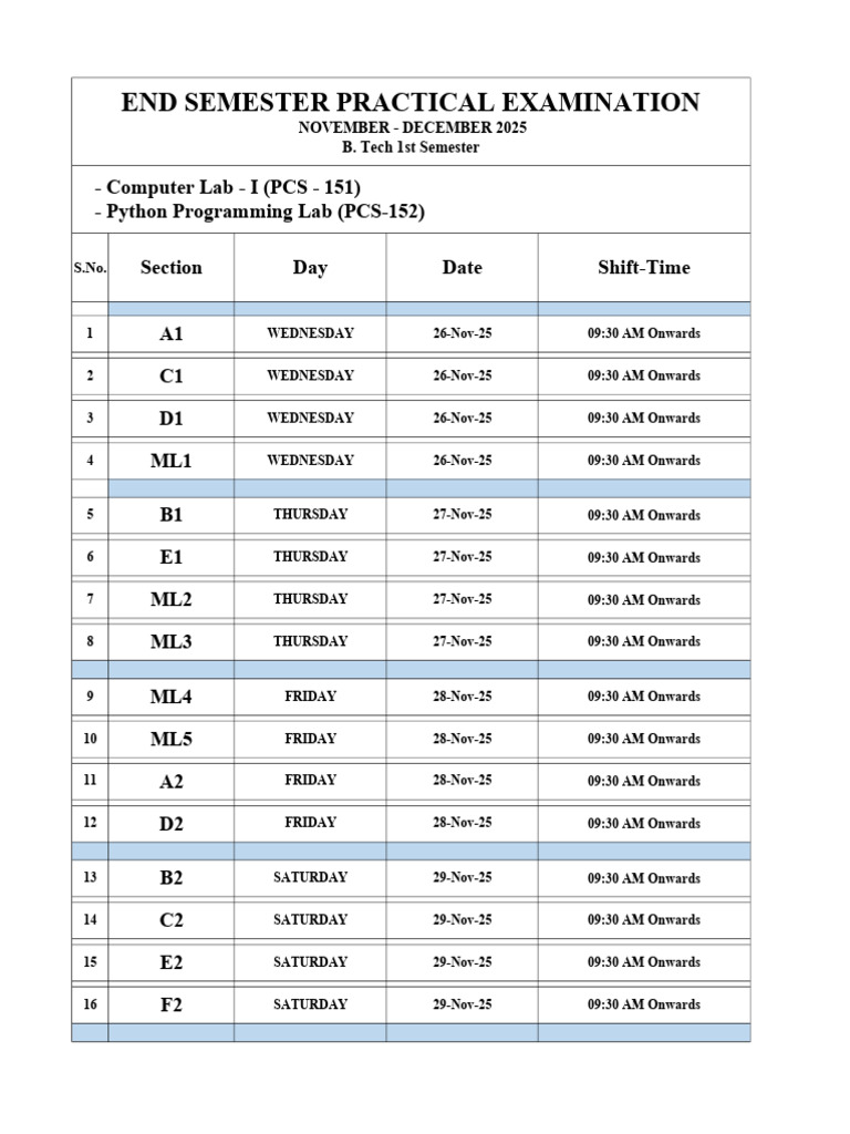 Pcs151 Pcs152 Practical Exam Schedule | PDF