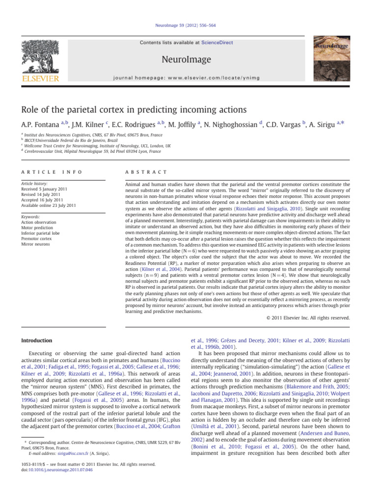 494. Fontana, 2012 - Role of the Parietal Cortex in Predicting Incoming ...