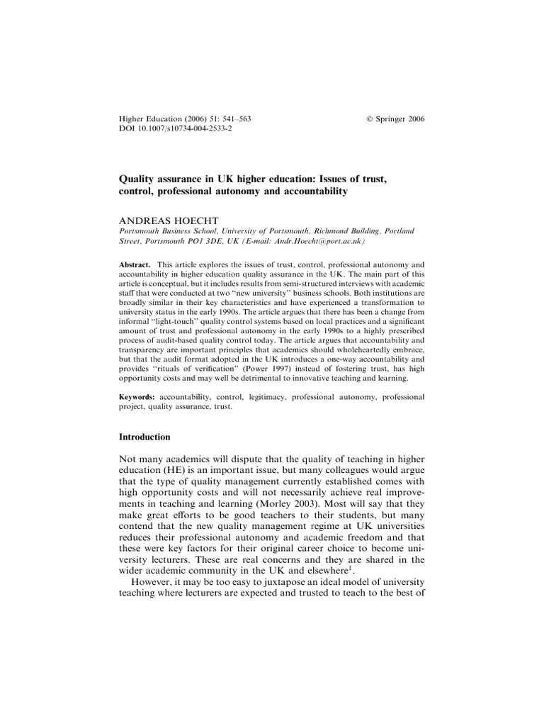Quality Assurance in UK Higher Education Issues of Trust, Control ...