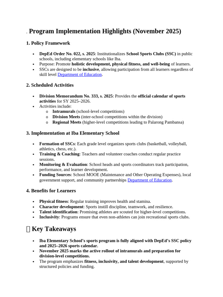 Program Implementation Highlights SA SPORTS | PDF | Sports