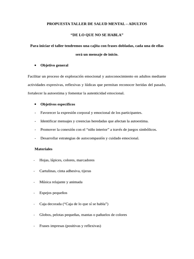 Propuesta Taller de Salud Mental | PDF | Las emociones | Sicología