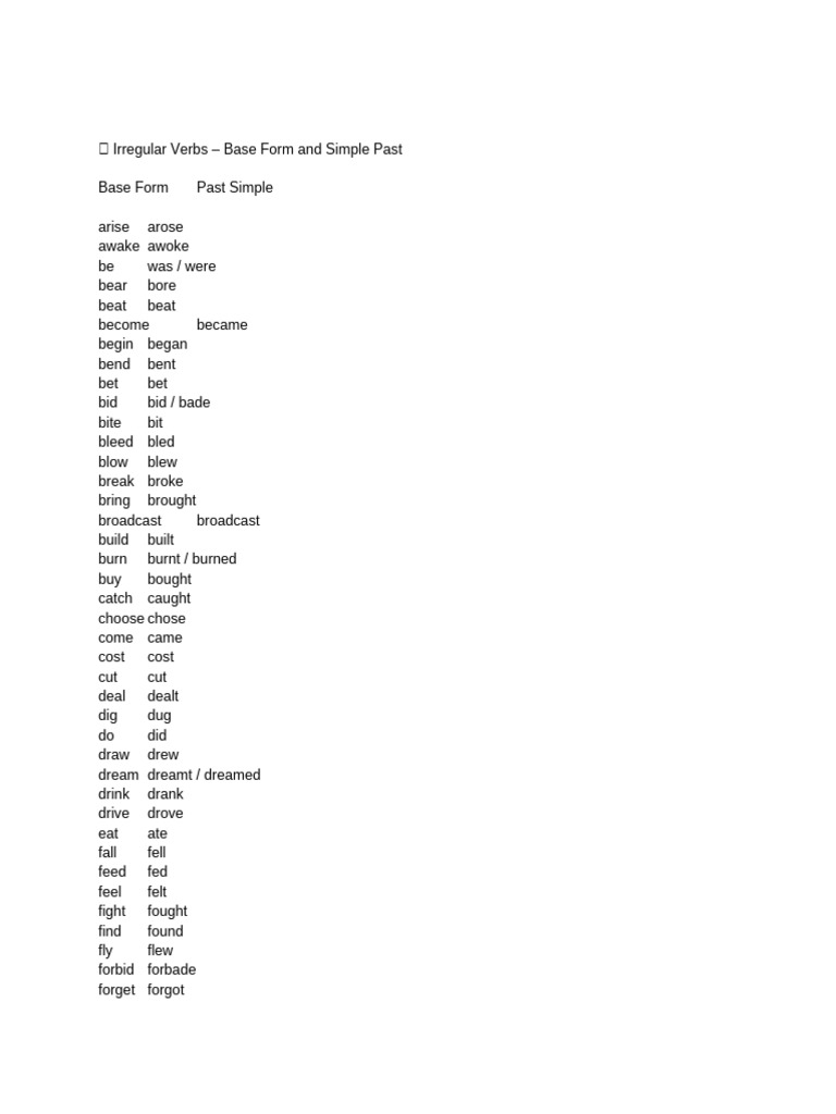 Irregular Verbs: Base and Past Forms | PDF