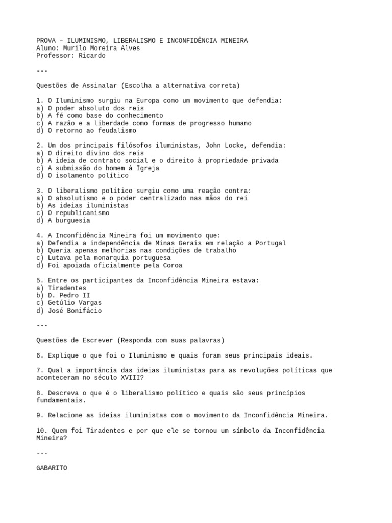 Iluminismo e Inconfidência Mineira: Questões | PDF
