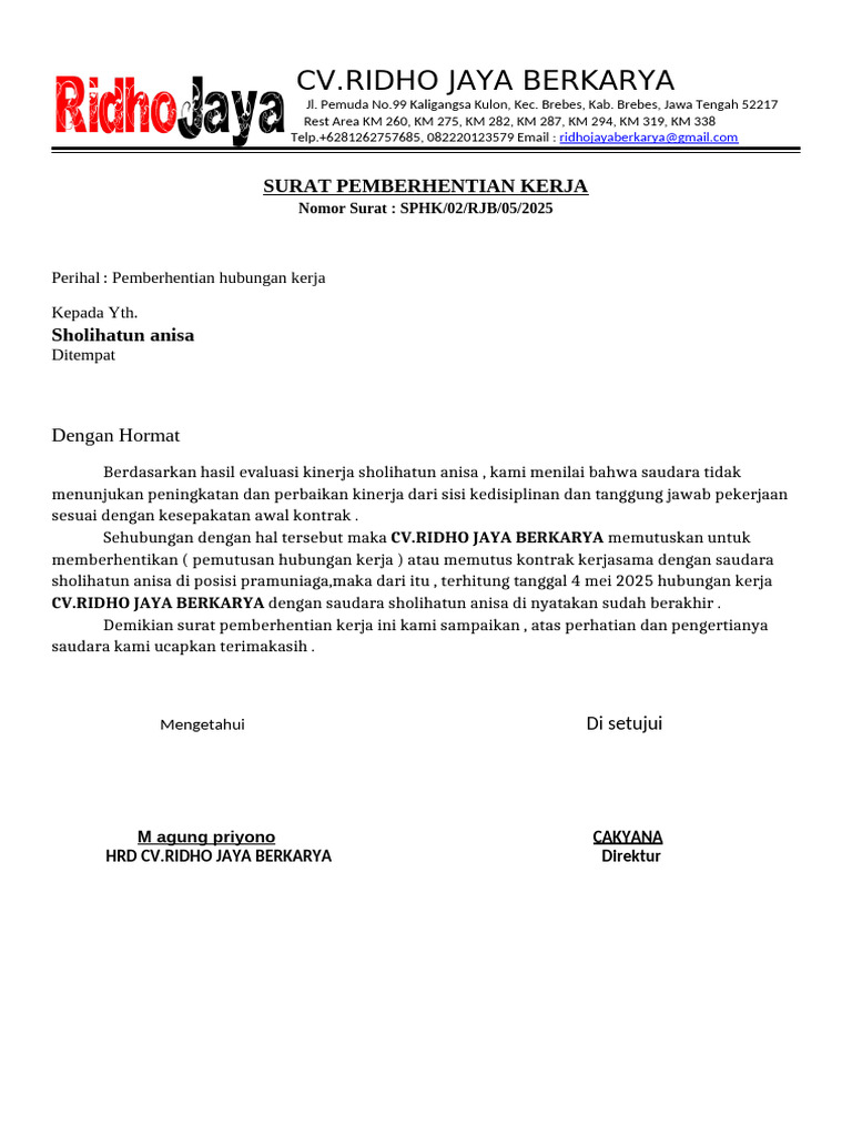 Surat Pemberhentian Kerja CV. Ridho Jaya | PDF
