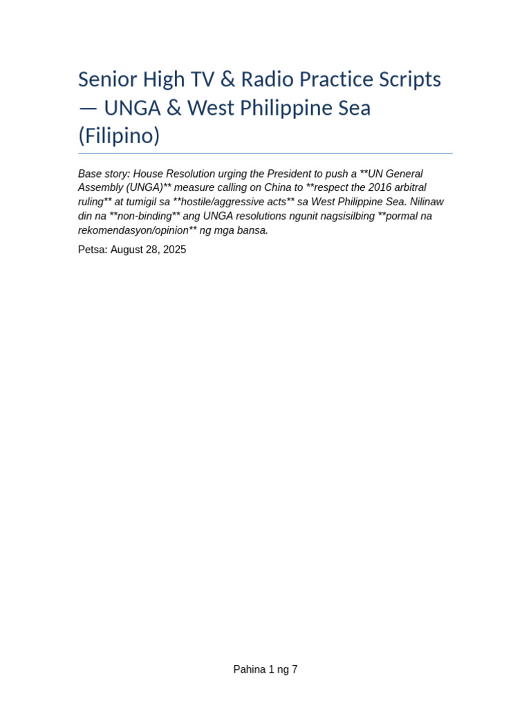 SHS TV Radio Practice Scripts UNGA WPS | PDF