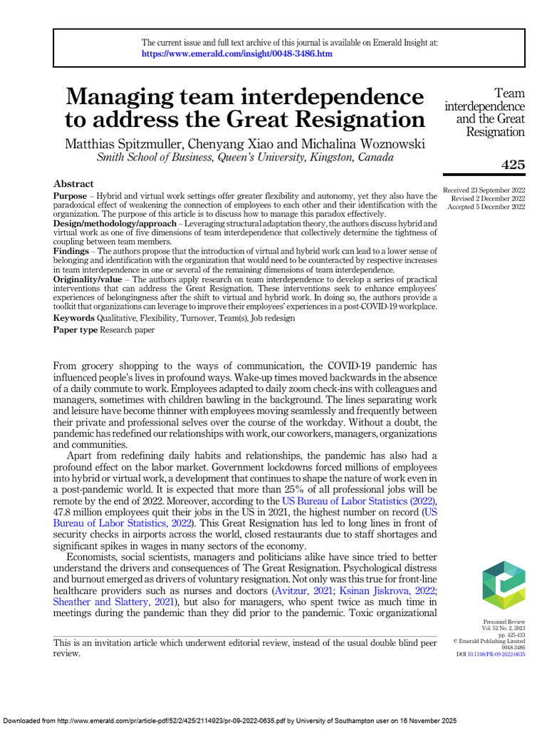 Managing Team Interdependence To Address The Great Resignation | PDF ...