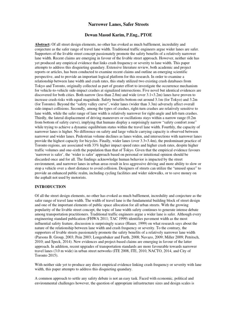 Narrower Lanes Safer Streets Accepted Pa | PDF | Lane | Coefficient Of ...
