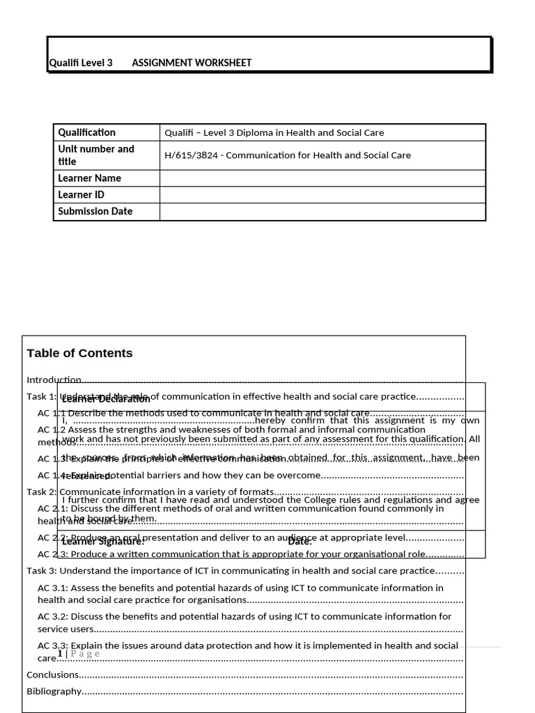 Assigment Worksheet H-615-3824 Communication for Health and Social Care ...