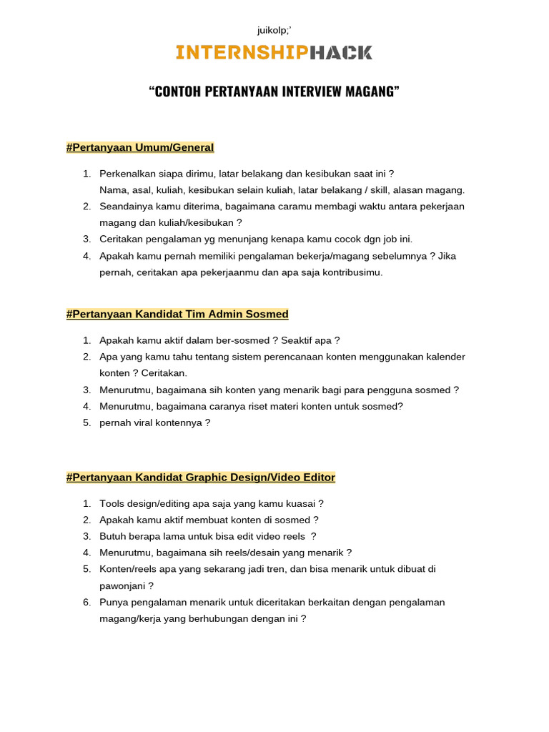 Pertanyaan Interview Magang Terbaik | PDF