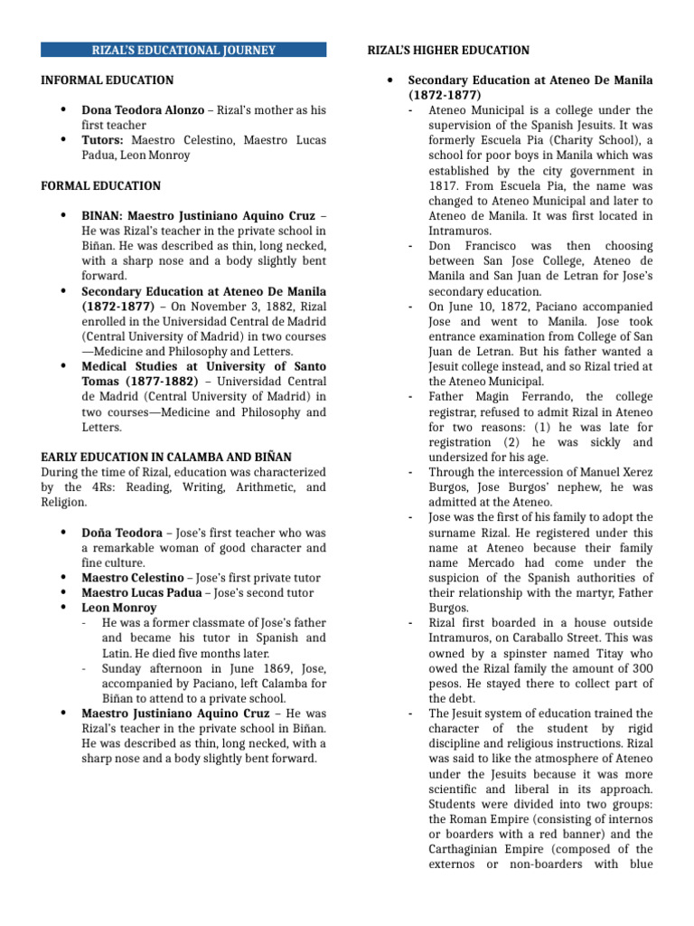 Rizal's Comprehensive Education Journey | PDF | Academic Degree | Manila