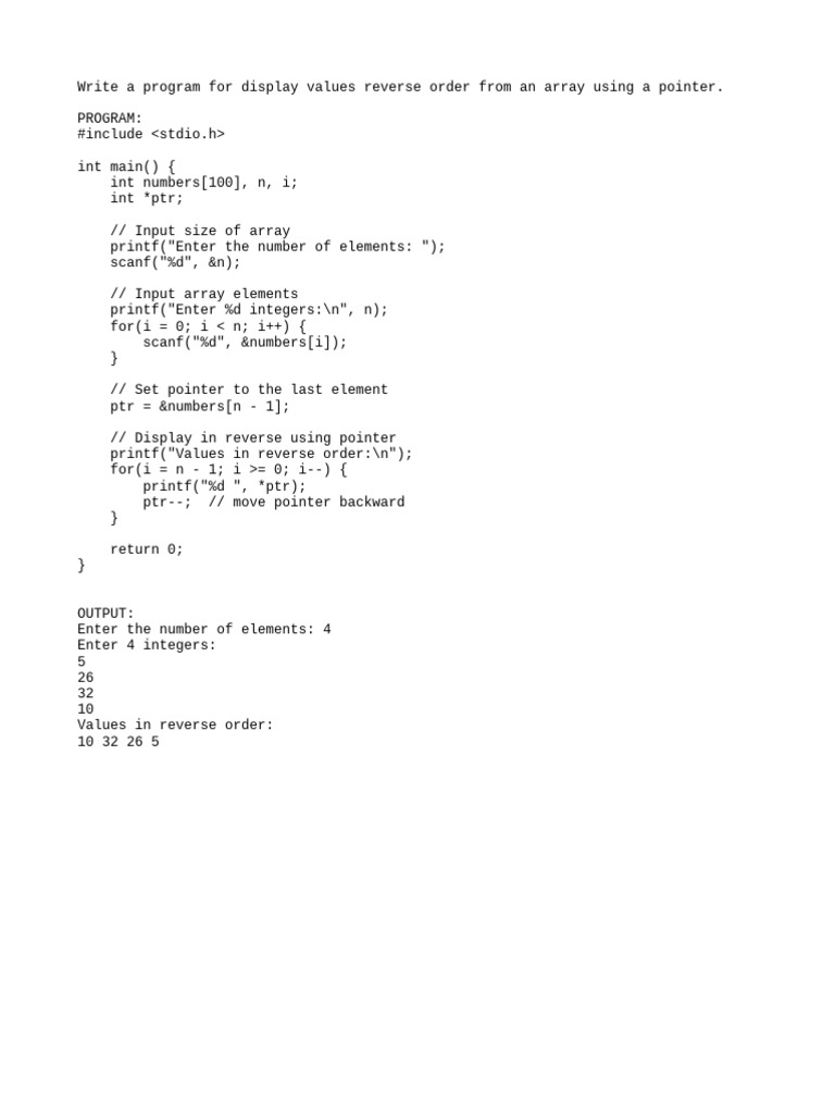 Reverse Array Display Using Pointers | PDF