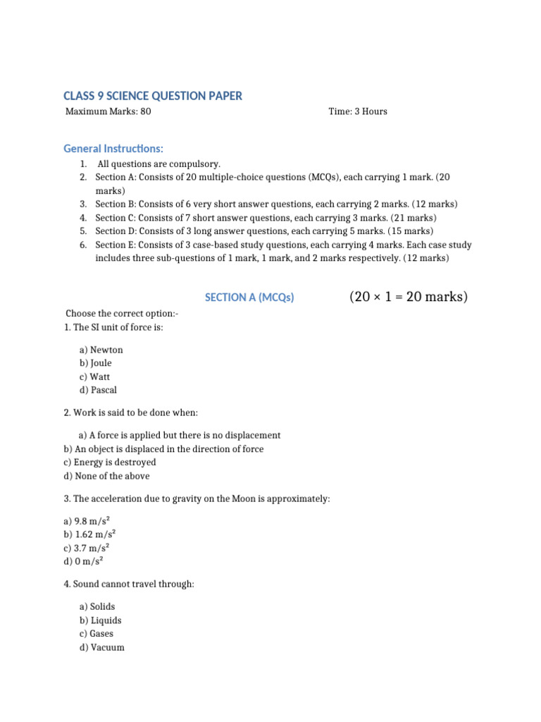 Class 9 Science Question Paper - 112435 | PDF | Force | Mass