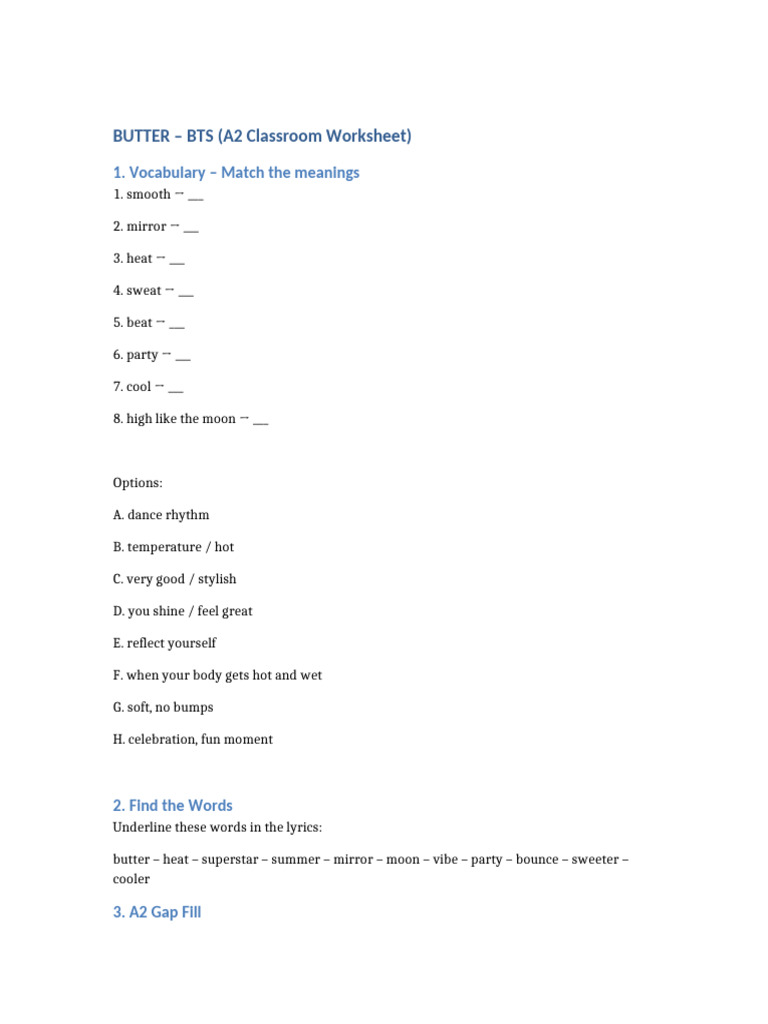 BTS Butter A2 Classroom Worksheet | PDF