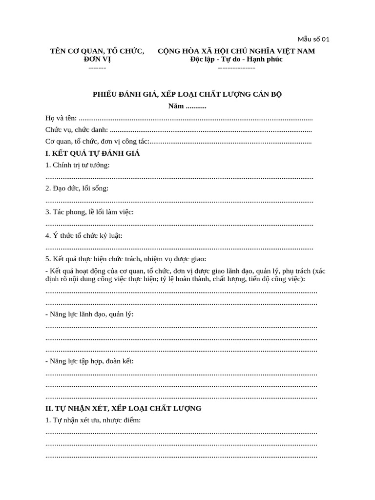 Mau 1-4 - Phieu Danh Gia Va Xep Loai | PDF