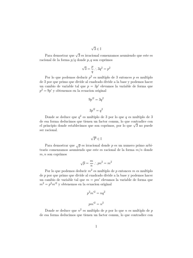 Demostración de la Irracionalidad de √3 y √p | PDF | Raíz cuadrada ...
