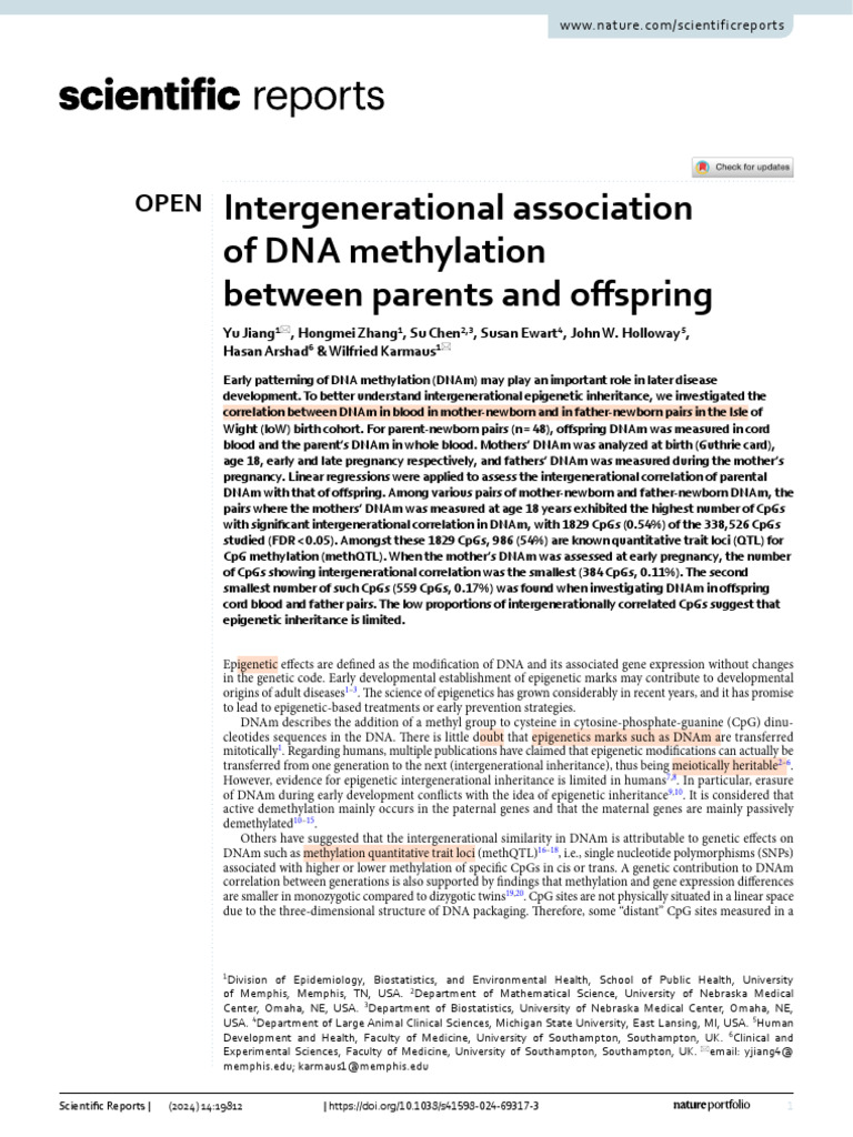 Intergenerational DNA Methylation Study | PDF | Life Sciences | Epigenetics