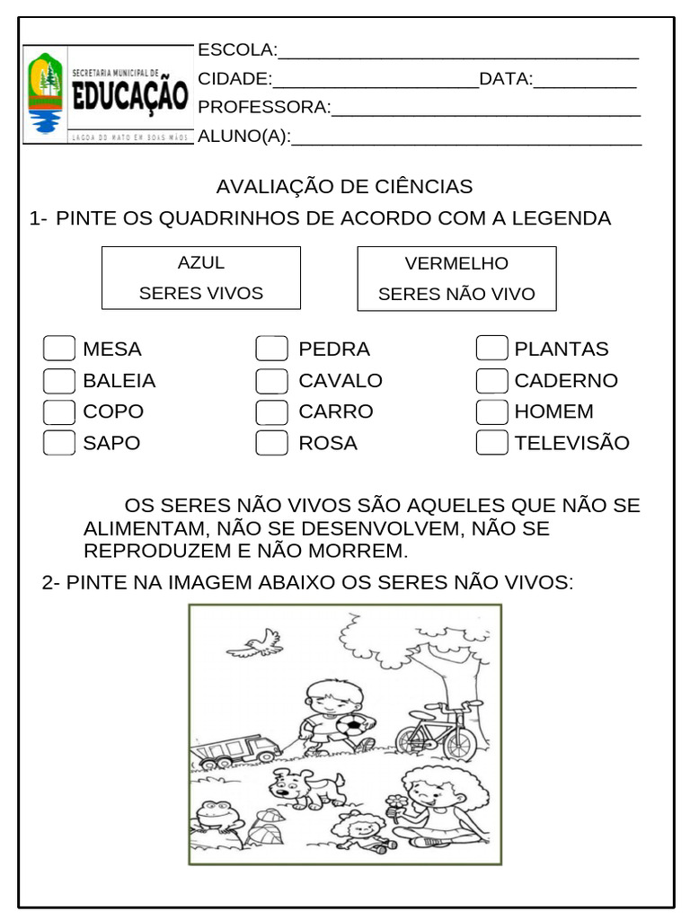 Avaliação de Ciências: Seres Vivos e Não Vivos | PDF