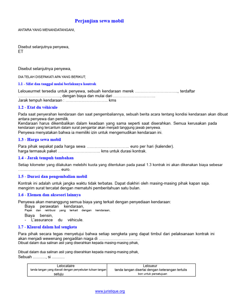 Model Kontrak Penyewaan Mobil Format PDF 1 | PDF