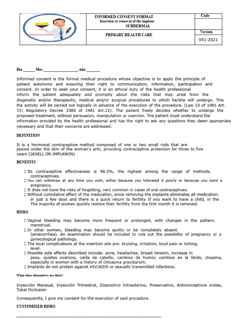 Informed Consent for Subdermal Implant | PDF | Informed Consent | Birth ...