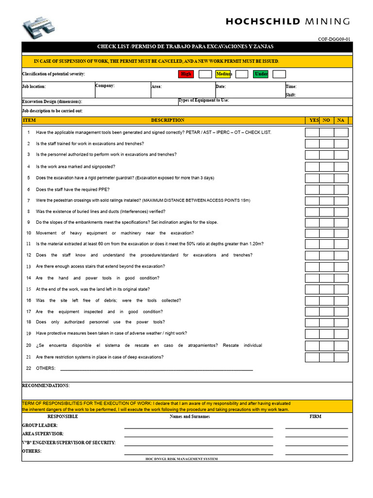 Excavation Work Permit Checklist | PDF | Safety