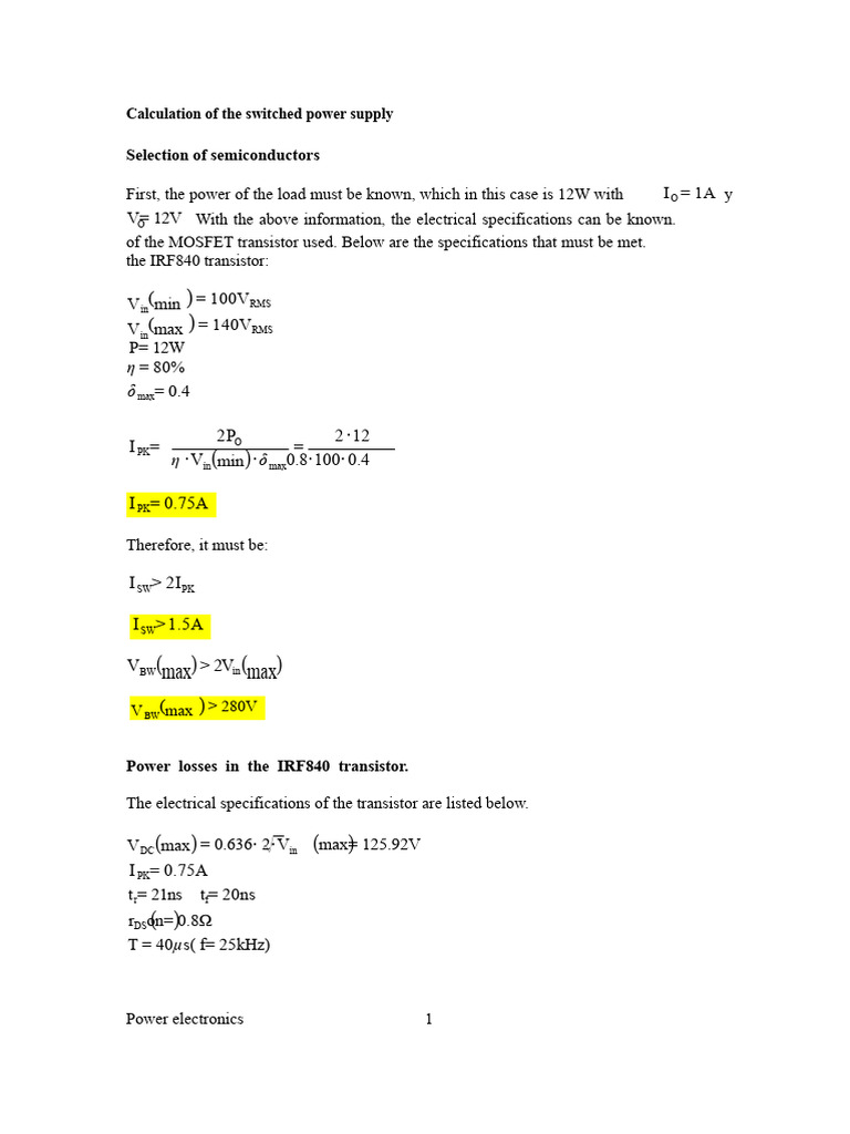Switched Power Supply Calculations Guide | PDF | Rectifier | Power Supply