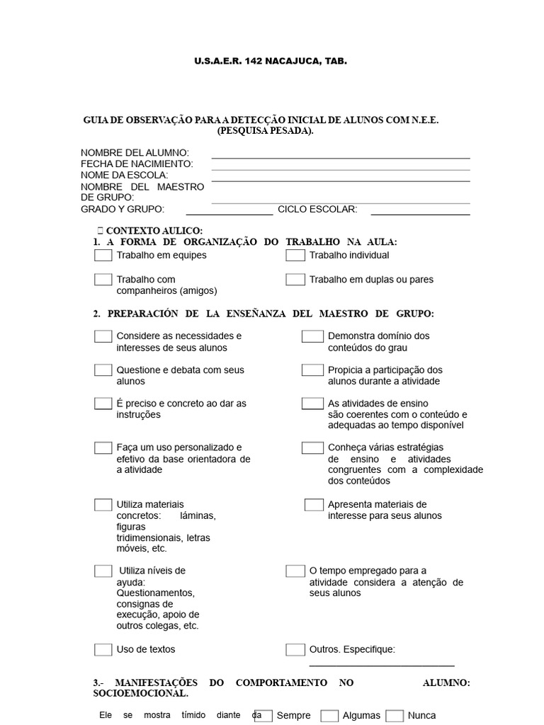 Guia de Observação Aluno Sala | PDF | Aprendizado | Lição