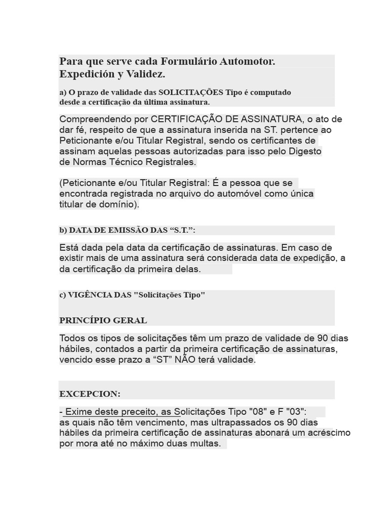 Formulários Automotor: Validade e Tipos | PDF