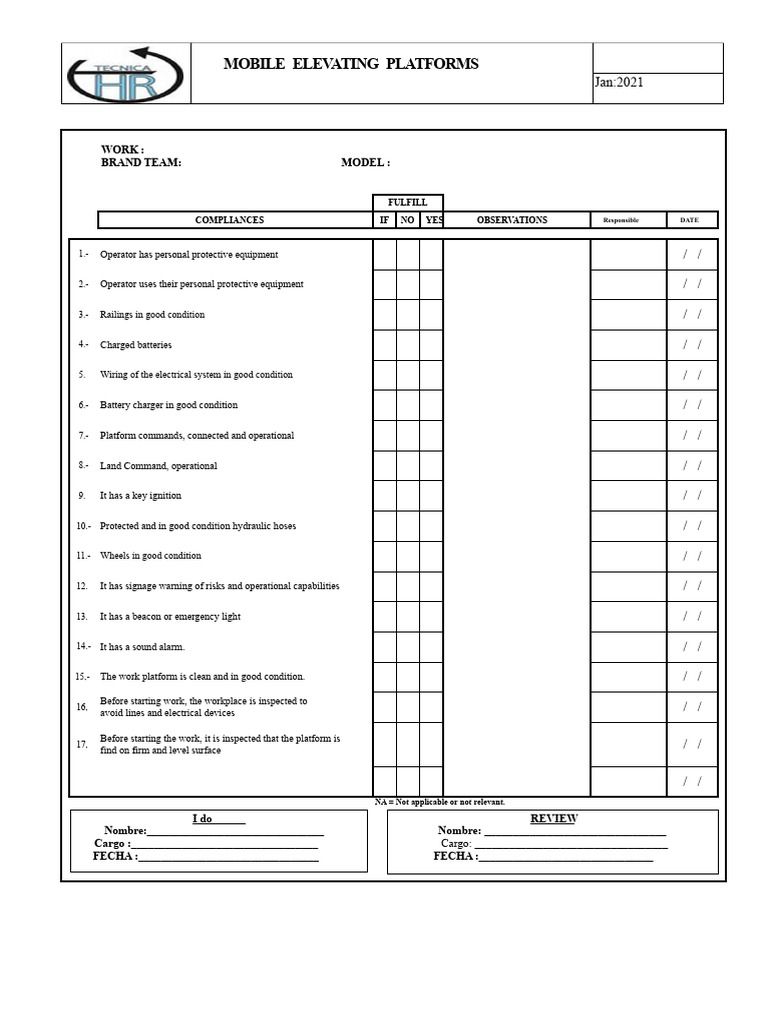 Mobile Elevating Platforms Safety Checklist | PDF