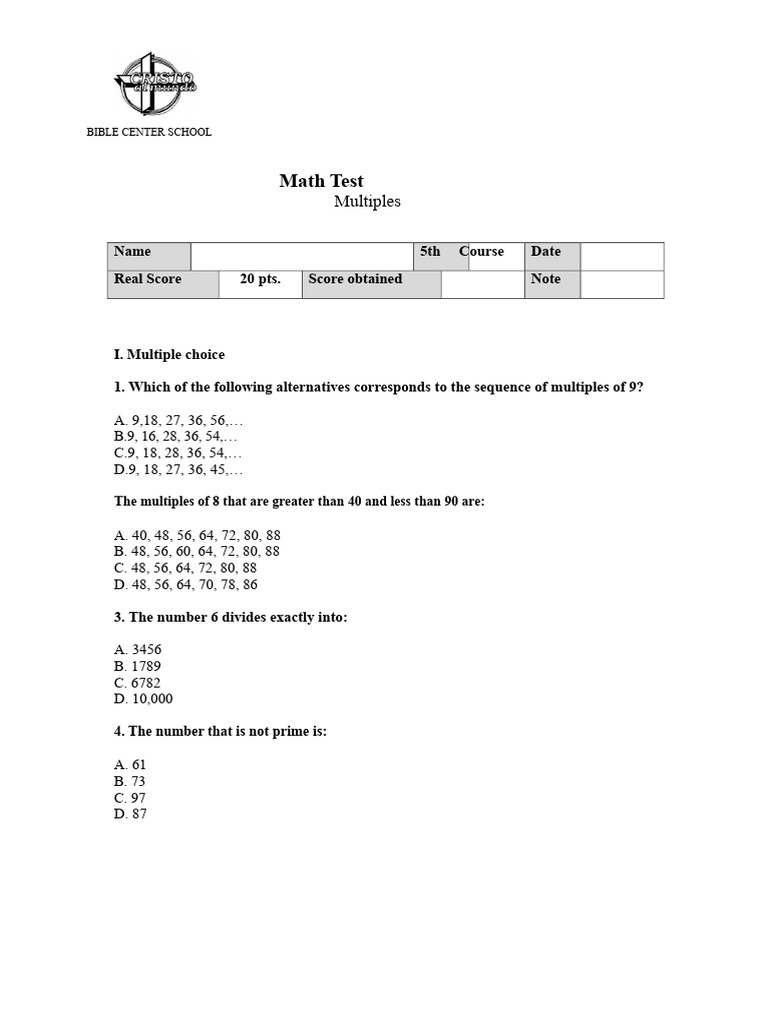 Math Test - Multiples | PDF