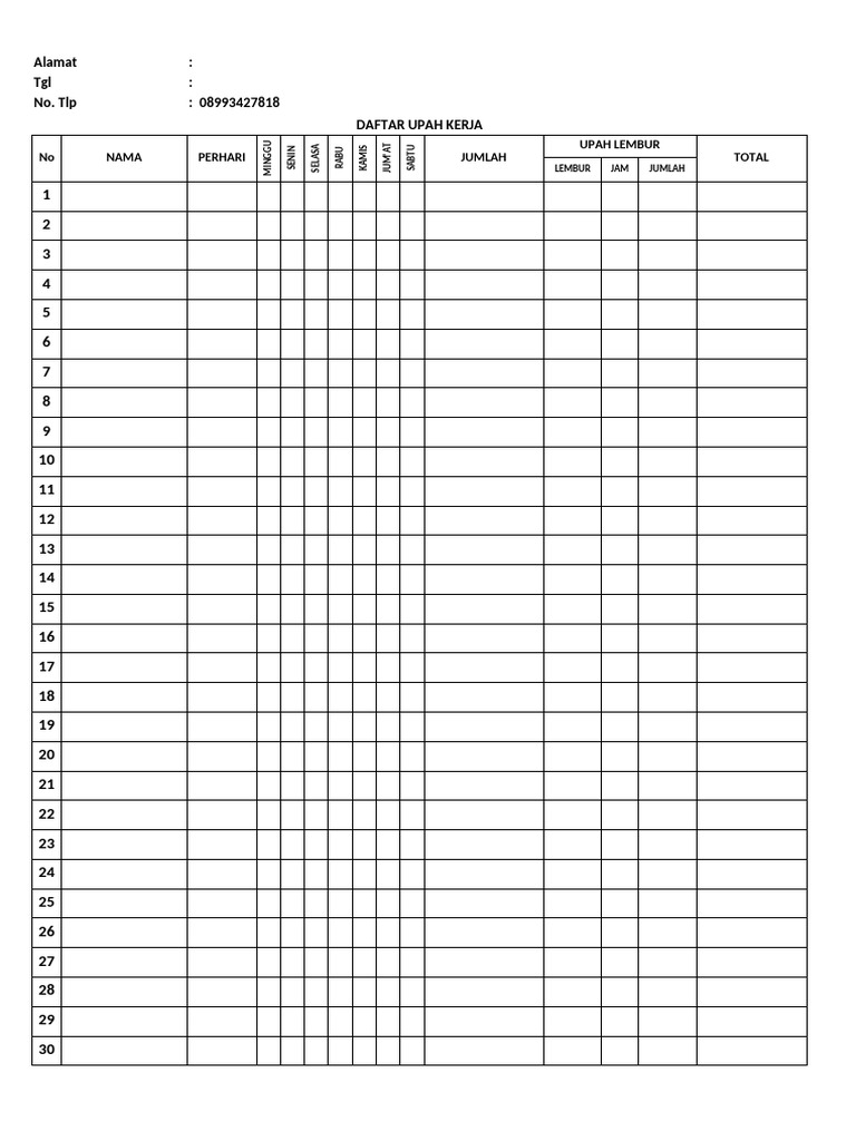 Daftar Upah Kerja dan Lembur Karyawan | PDF
