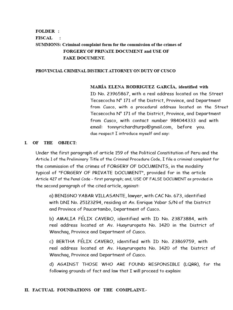 Criminal Complaint: Document Forgery Case | PDF | Forgery | Crimes