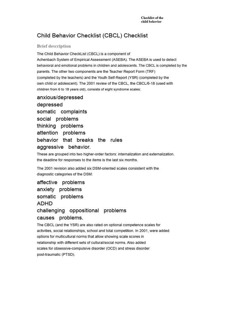 Child Behavior Checklist Overview | PDF | Behavioural Sciences | Disability