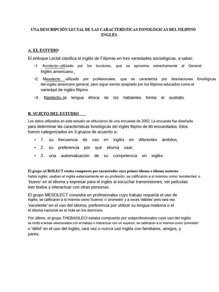Una Descripción Lectal de Las Características Fonológicas Del Inglés ...