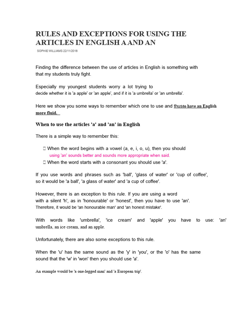 Using A and AN: Rules and Exceptions | PDF | Grammatical Gender ...