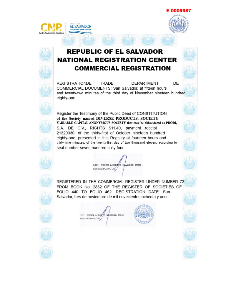 Commercial Registration of PRODI, S.A. | PDF