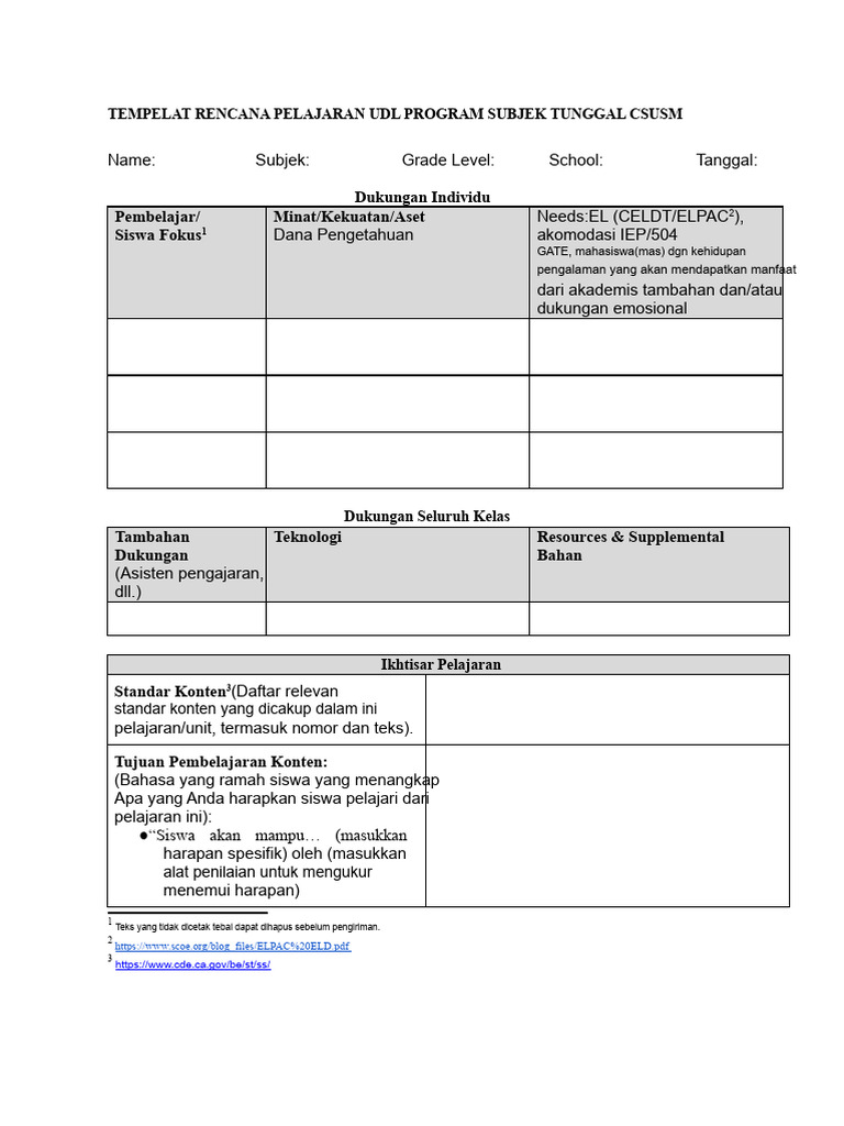 Template Rencana Pelajaran UDL Program Subjek Tunggal Csusm | PDF