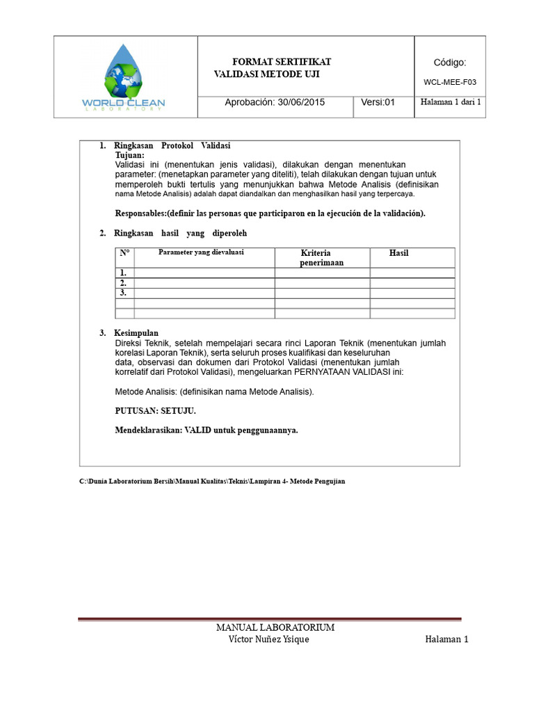 WCL-MEE-F03 Format Sertifikat Validasi | PDF