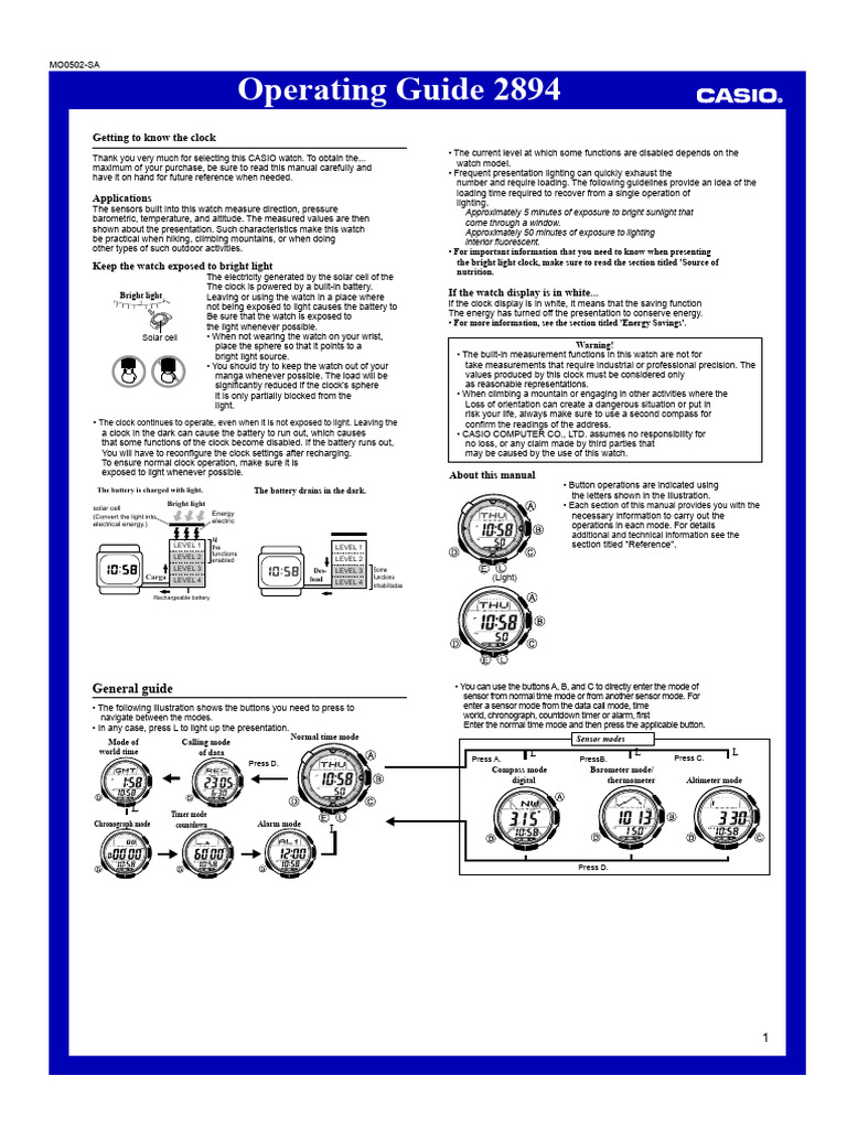CASIO Solar Watch Operating Guide | PDF | Atmospheric Pressure | Altitude