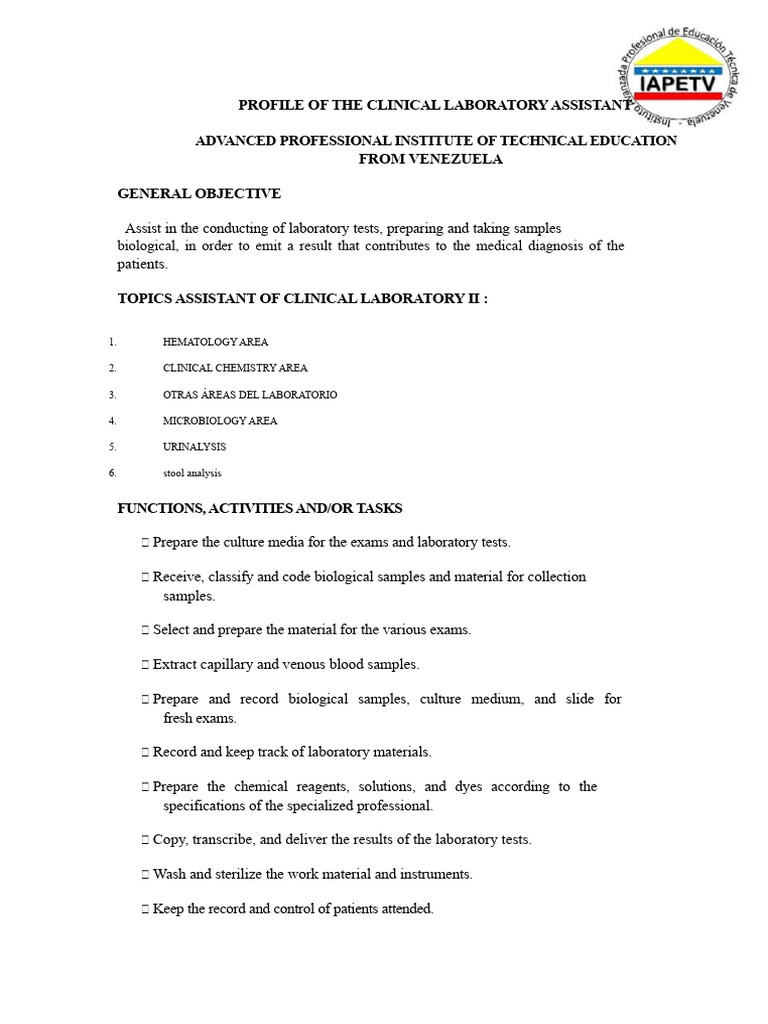 Clinical Laboratory Assistant Profile | PDF | Medical Laboratory ...