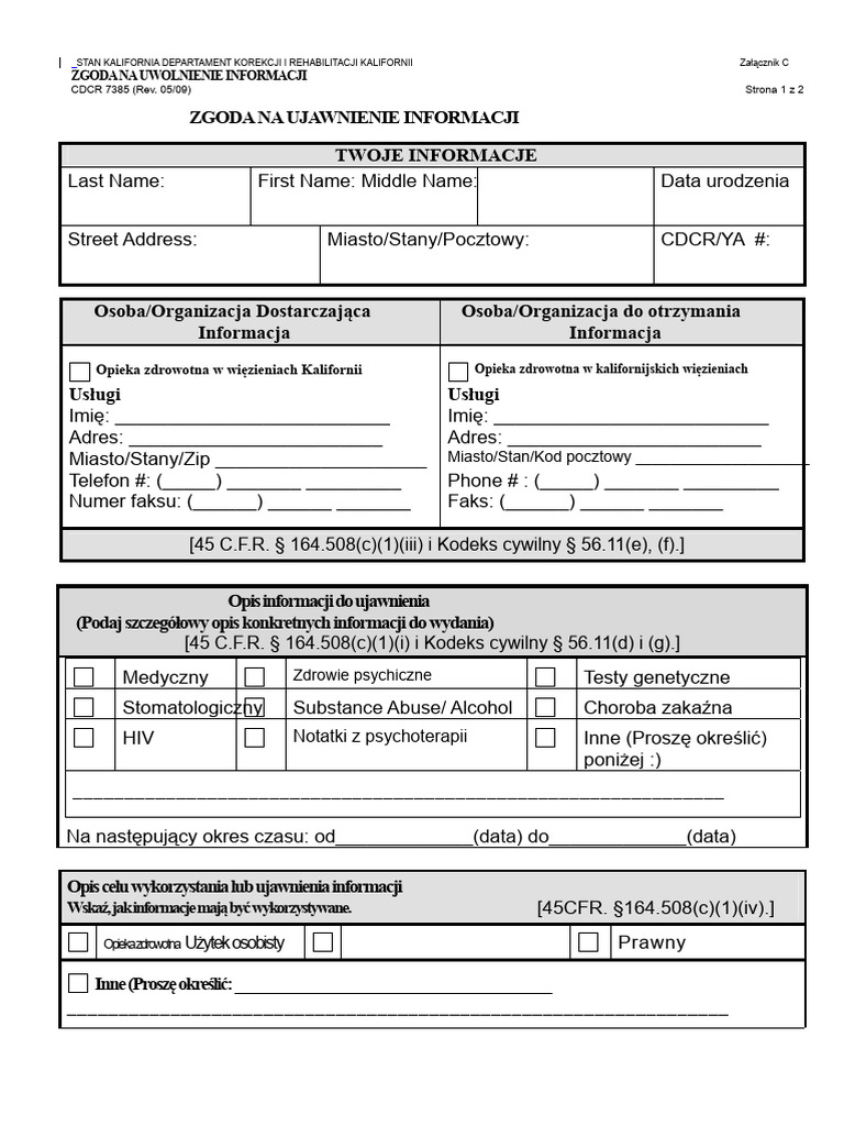 Formularz Medyczny CDCR | PDF