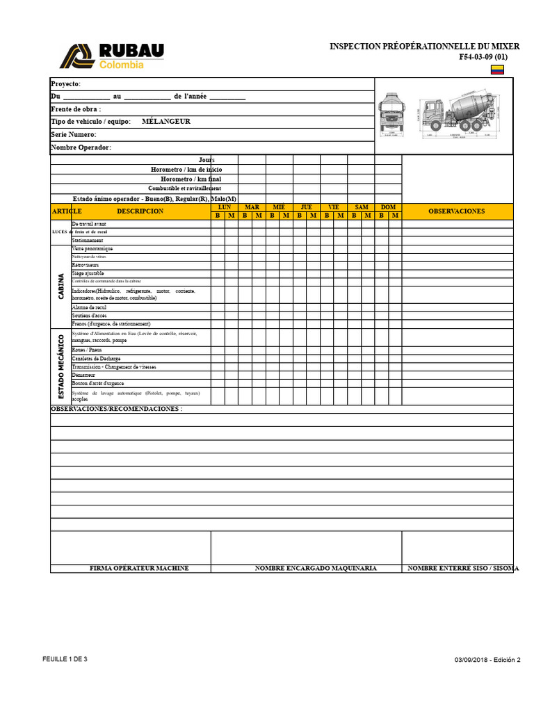 Inspection Préalable du Mixer F54-03-09 | PDF | Véhicules | Véhicule ...