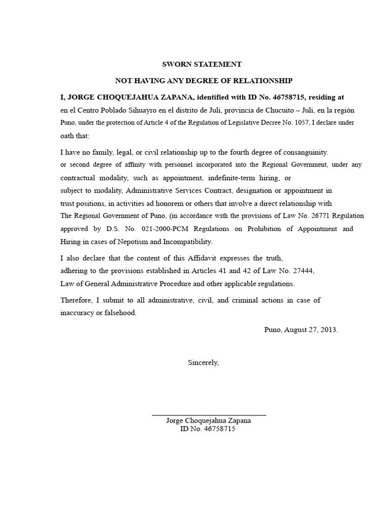 Sworn Statement of No Relationship | PDF | Affidavit | Government