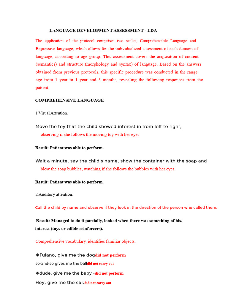 Language Development Assessment Report | PDF | Language Development ...
