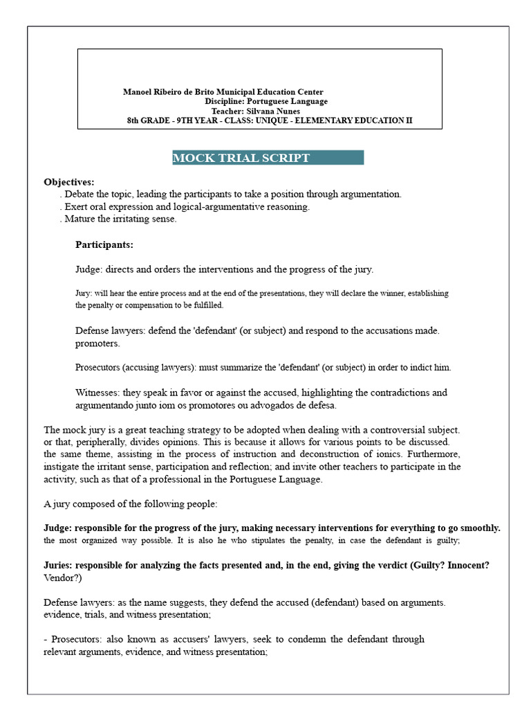 8th Grade Mock Trial Script Guide | PDF | Witness | Prosecutor